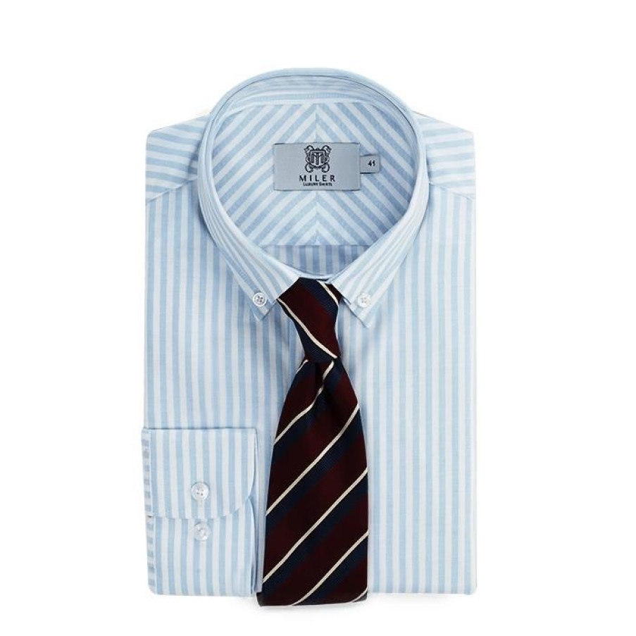 Miler Menswear | Blekitna Koszula Meska Oxford Button Down W Prazek Candy Stripe