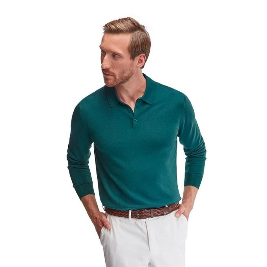 Miler Menswear | Zielona Meska Koszulka Welniana Polo Z Dlugim Rekawem