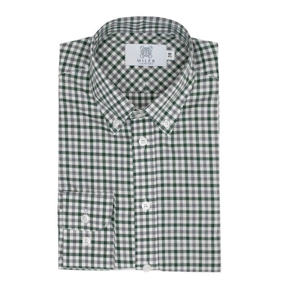 Miler Menswear | Koszula Meska Button-Down W Zielono-Szara Kratke