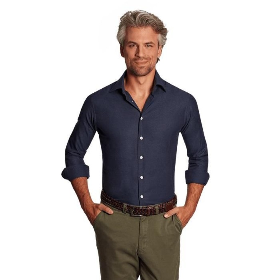 Miler Menswear | Granatowa Flanelowa Koszula Meska O Splocie Twill