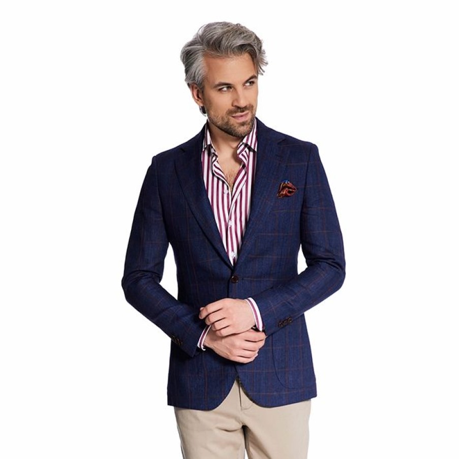 Miler Menswear | Granatowa Lniana Marynarka Madeira W Krate Windowpane